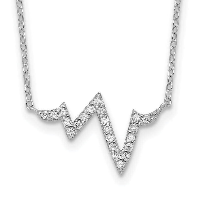 Sterling Silver Rhodium-Plated Cz Heartbeat W/2In Ext. Necklace