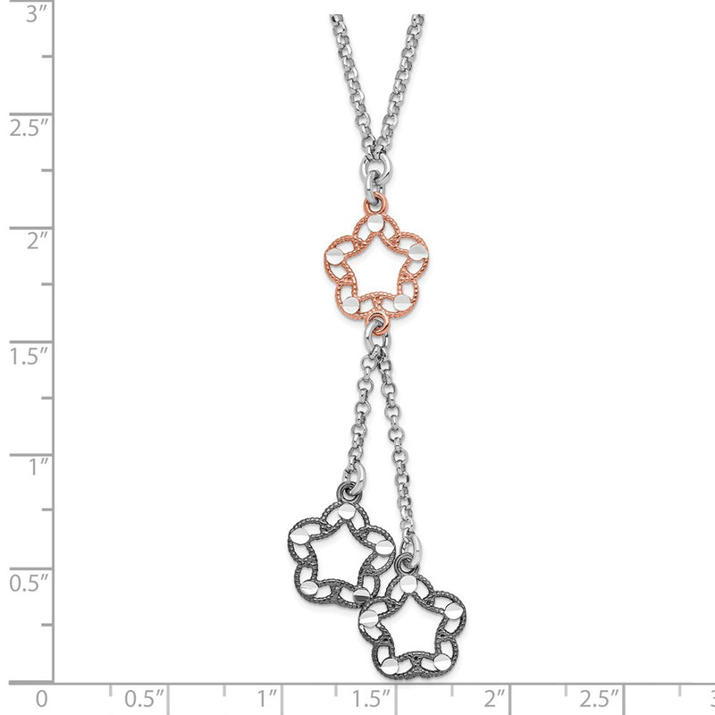 Sterling Silver Rose-Tone & Ruthenium-Plated D/C Floral Drop Necklace