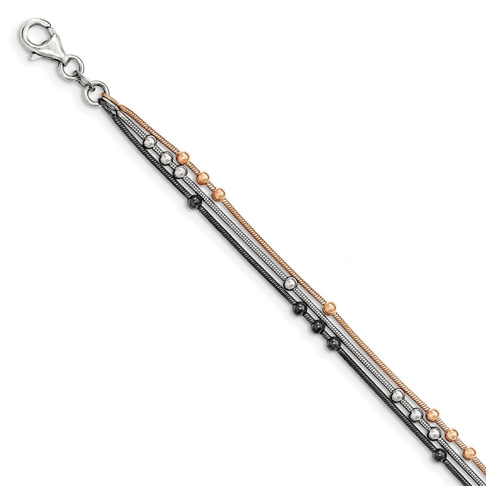 Sterling Silver Rose-Tone/Ruthenium-Plated Chain Bracelet W/1 Ext.