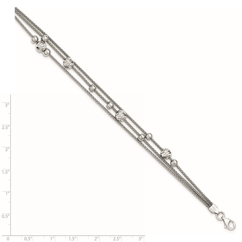 Sterling Silver 3 Strand D/C Bead Polished Fancy Chain Bracelet