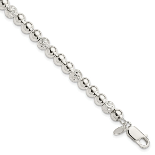 7.5 Inch Sterling Silver Polished Diamond-Cut Beaded Bracelet