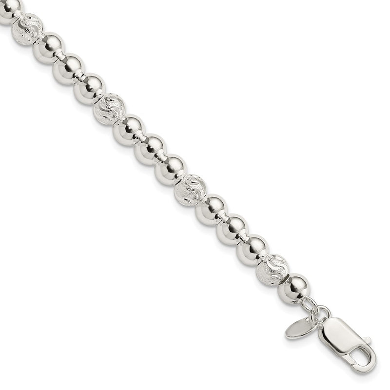 7.5 Inch Sterling Silver Polished Diamond-Cut Beaded Bracelet