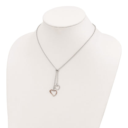 Sterling Silver Rose-Tone Polished Textured 2-Heart Necklace