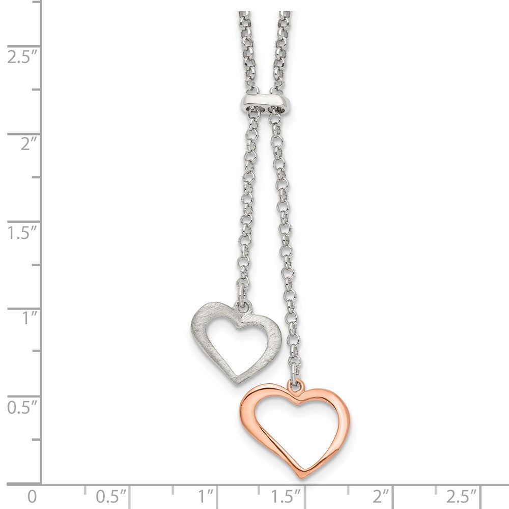Sterling Silver Rose-Tone Polished Textured 2-Heart Necklace