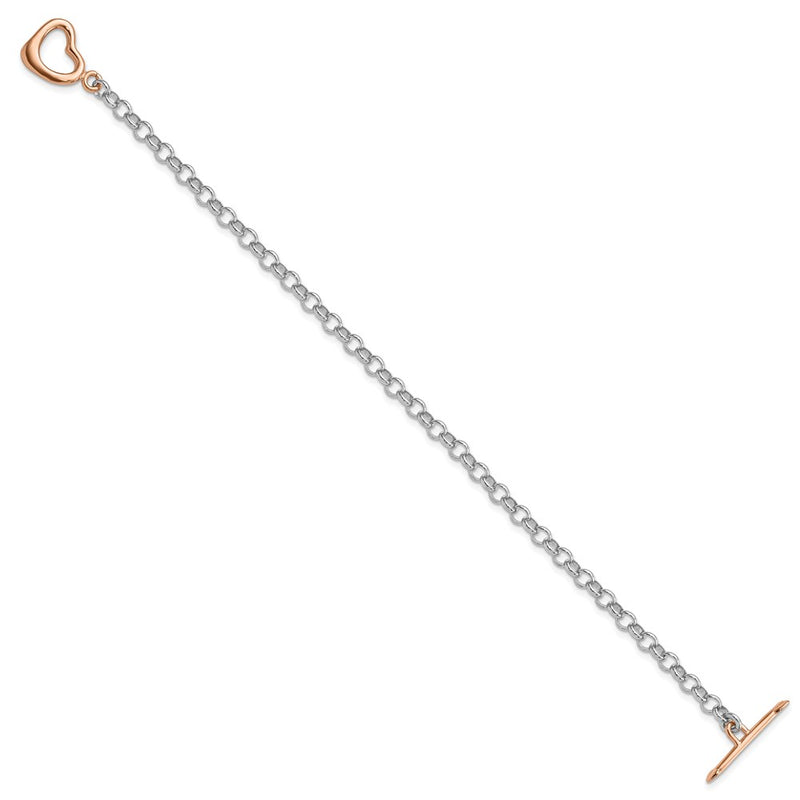 7.75 Inch Sterling Silver Rhodium-Plated Rose-Tone Rolo W/Heart Bracelet