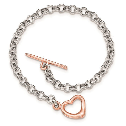 7.75 Inch Sterling Silver Rhodium-Plated Rose-Tone Rolo W/Heart Bracelet
