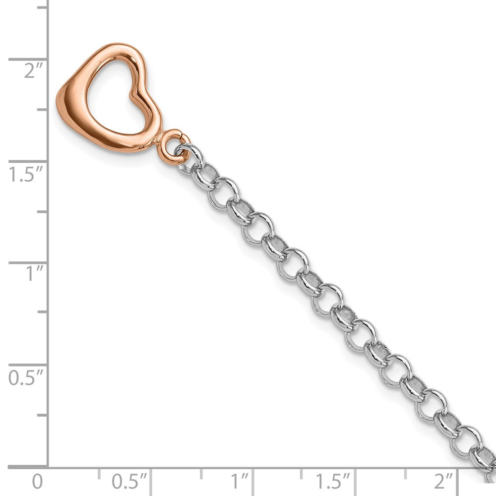 7.75 Inch Sterling Silver Rhodium-Plated Rose-Tone Rolo W/Heart Bracelet