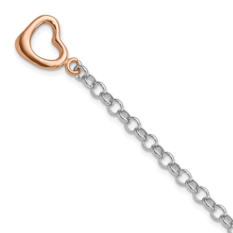 7.75 Inch Sterling Silver Rhodium-Plated Rose-Tone Rolo W/Heart Bracelet