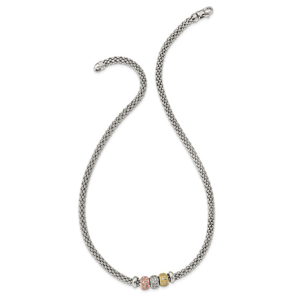 Sterling Silver Rose And Yellow Gold Tone Cz Beads Mesh Necklace