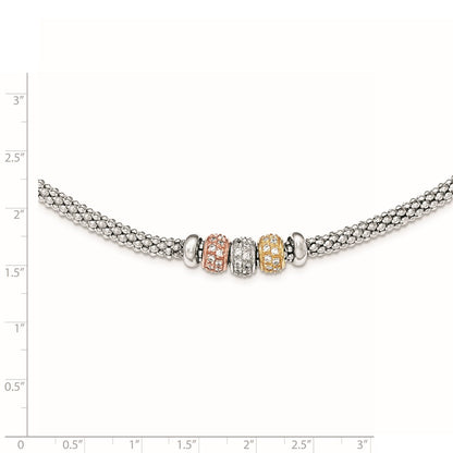 Sterling Silver Rose And Yellow Gold Tone Cz Beads Mesh Necklace