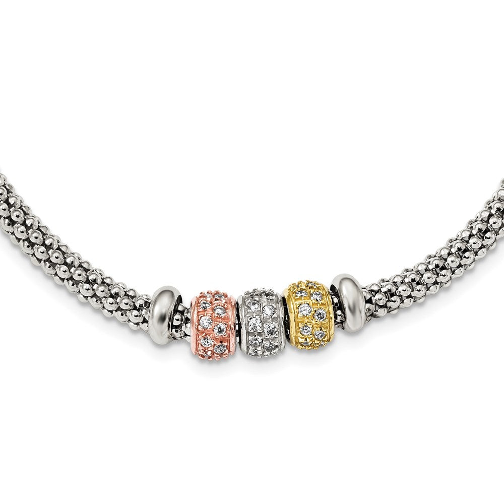 Sterling Silver Rose And Yellow Gold Tone Cz Beads Mesh Necklace