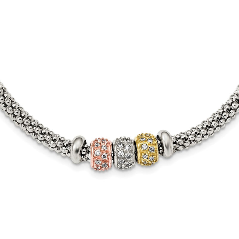 Sterling Silver Rose And Yellow Gold Tone Cz Beads Mesh Necklace