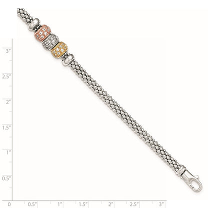 7.5 Inch Sterling Silver Rose And Yellow Gold Tone Cz Beads Mesh Bracelet