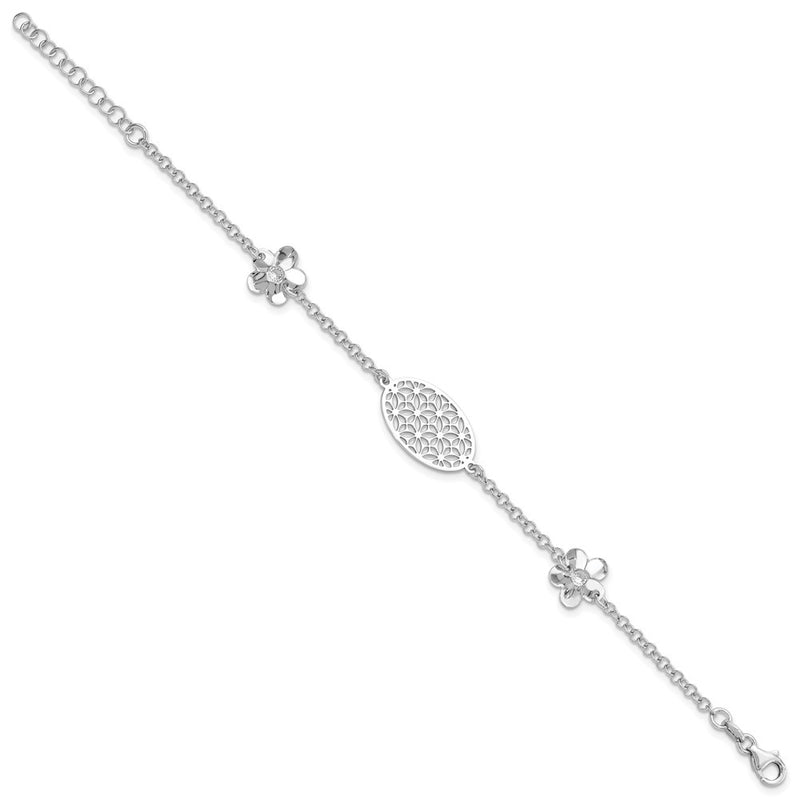 7.5 Inch Sterling Silver Polished Floral W/ 1In Ext Bracelet