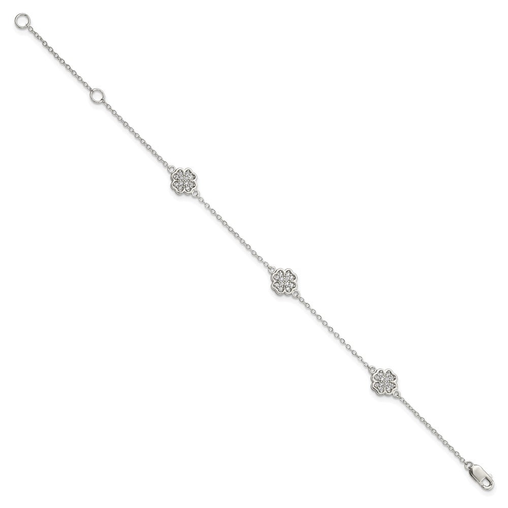 7 Inch Sterling Silver Rhodium-Plated Polished Cz Four Leaf Clover 7In Bracelet