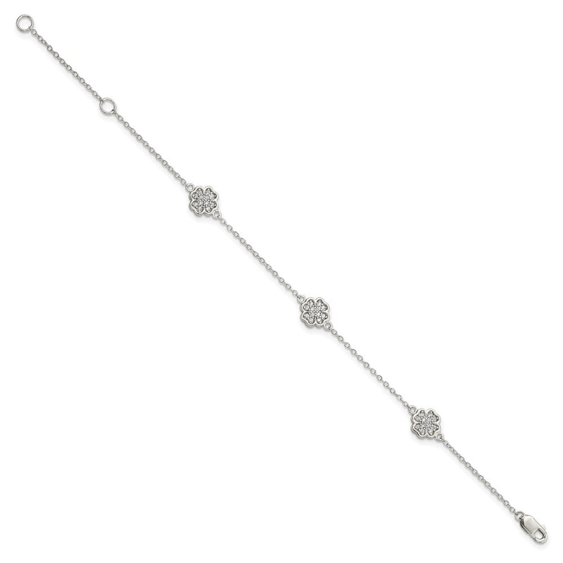 7 Inch Sterling Silver Rhodium-Plated Polished Cz Four Leaf Clover 7In Bracelet