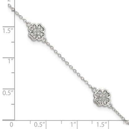 7 Inch Sterling Silver Rhodium-Plated Polished Cz Four Leaf Clover 7In Bracelet