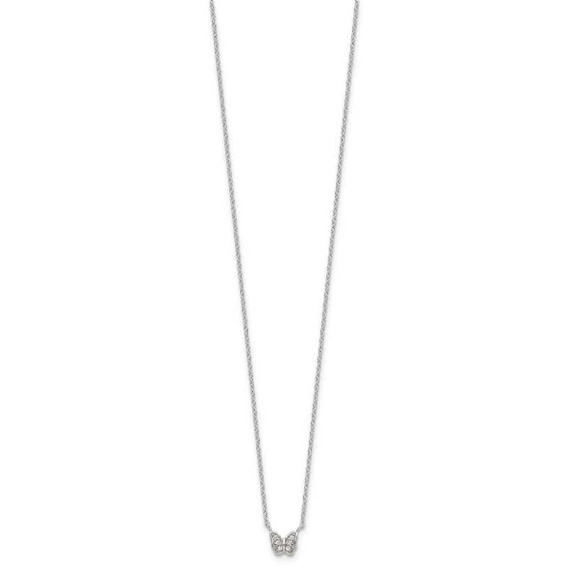 Sterling Silver Rhodium-Plated Polished Cz Butterfly 16 Inch Necklace With 2 Extension