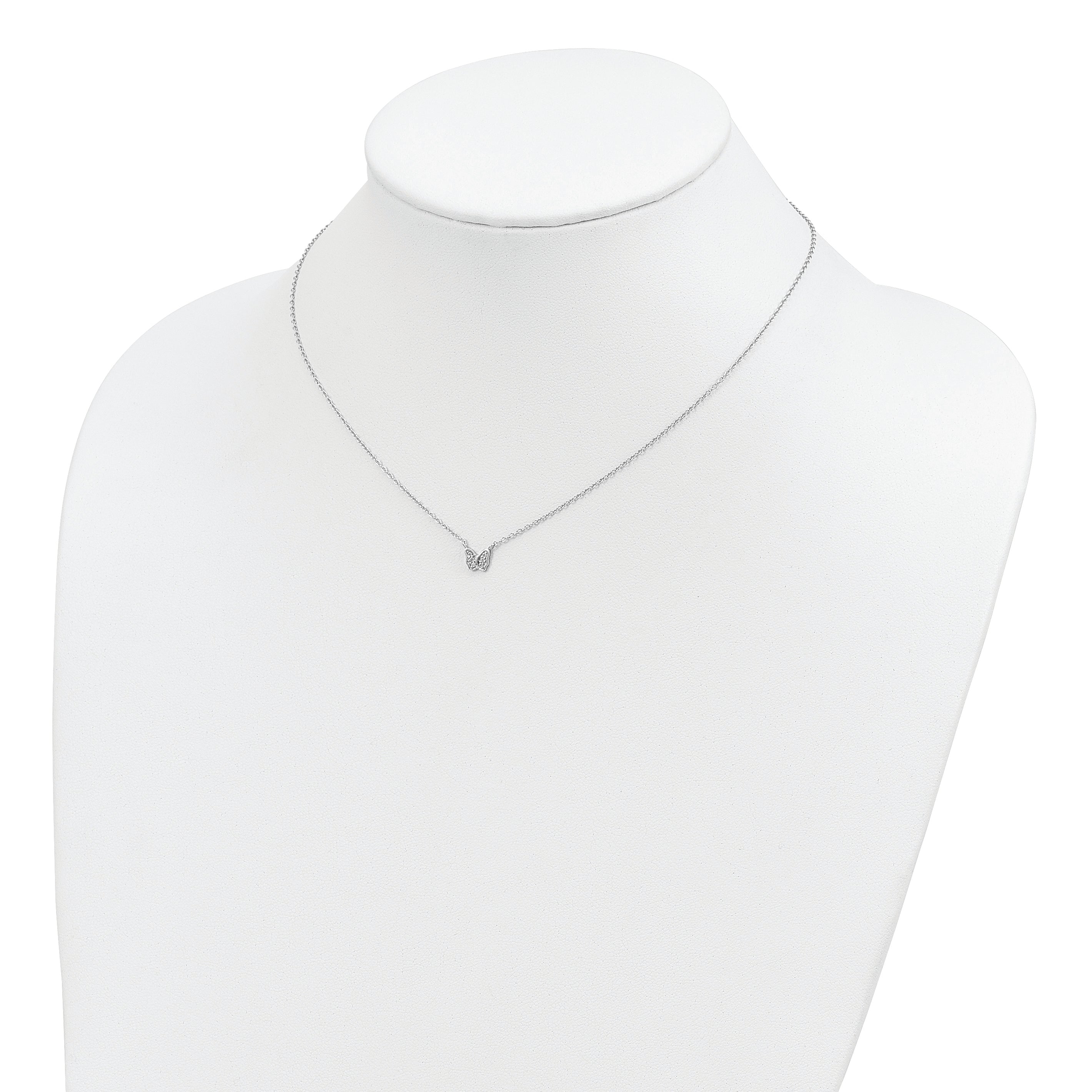 Sterling Silver Rhodium-Plated Polished Cz Butterfly 16 Inch Necklace With 2 Extension