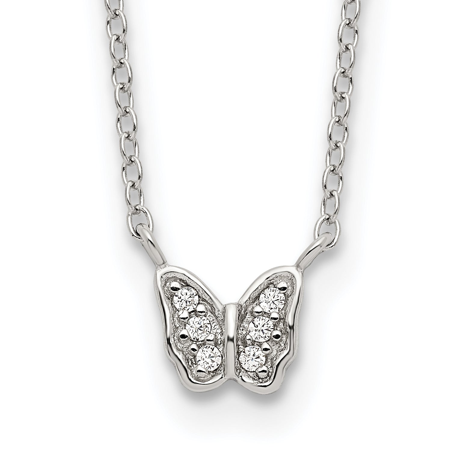 Sterling Silver Rhodium-Plated Polished Cz Butterfly 16 Inch Necklace With 2 Extension