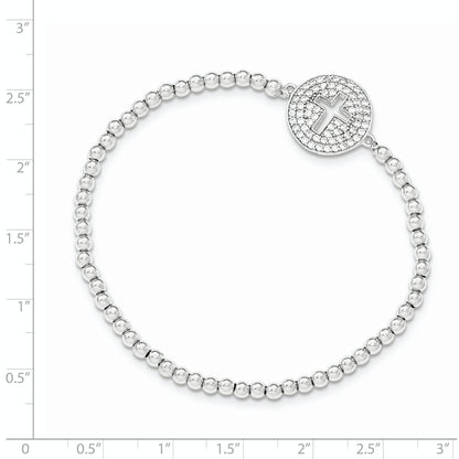 Sterling Silver Rhodium-Plated Cz Cross Polished Beaded Stretch Bracelet