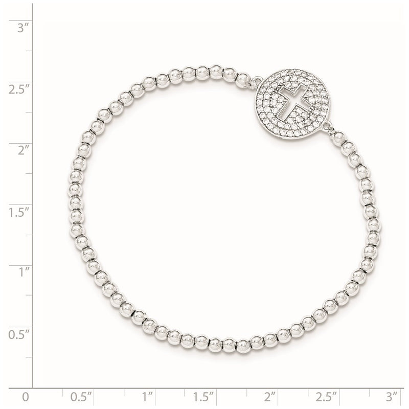 Sterling Silver Rhodium-Plated Cz Cross Polished Beaded Stretch Bracelet