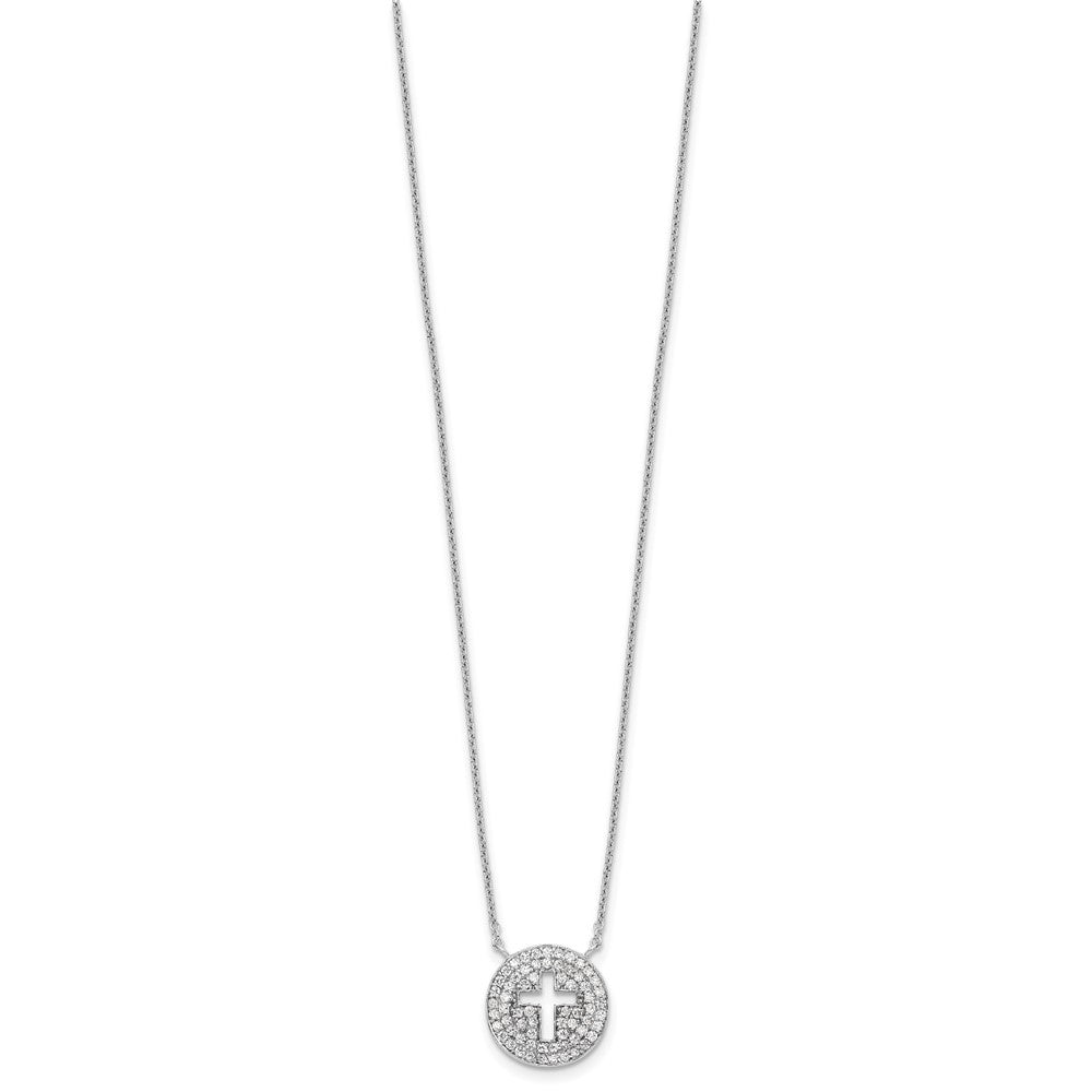 Sterling Silver 18In Rhodium-Plated Polished Cz Cross Necklace