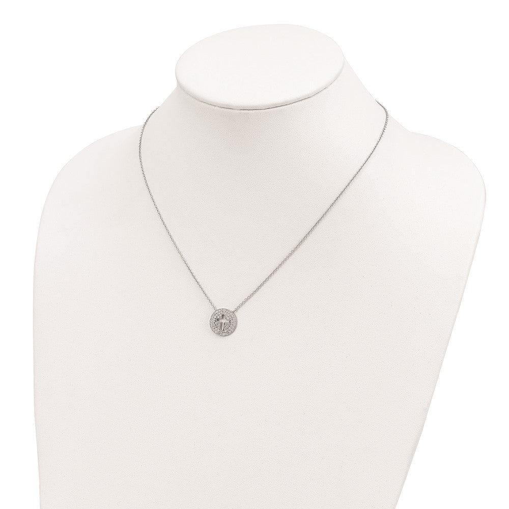 Sterling Silver 18In Rhodium-Plated Polished Cz Cross Necklace