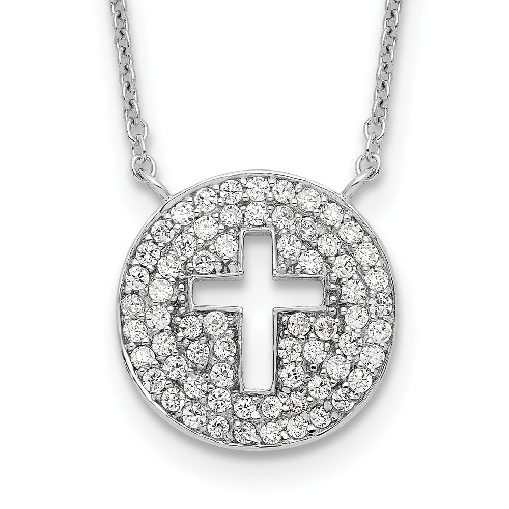 Sterling Silver 18In Rhodium-Plated Polished Cz Cross Necklace