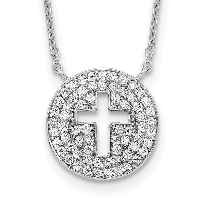 Sterling Silver 18In Rhodium-Plated Polished Cz Cross Necklace