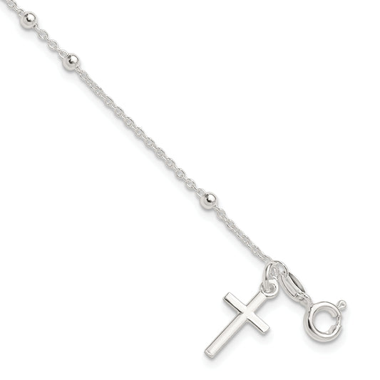 7.5 Inch Sterling Silver Beaded Cross Charm Bracelet