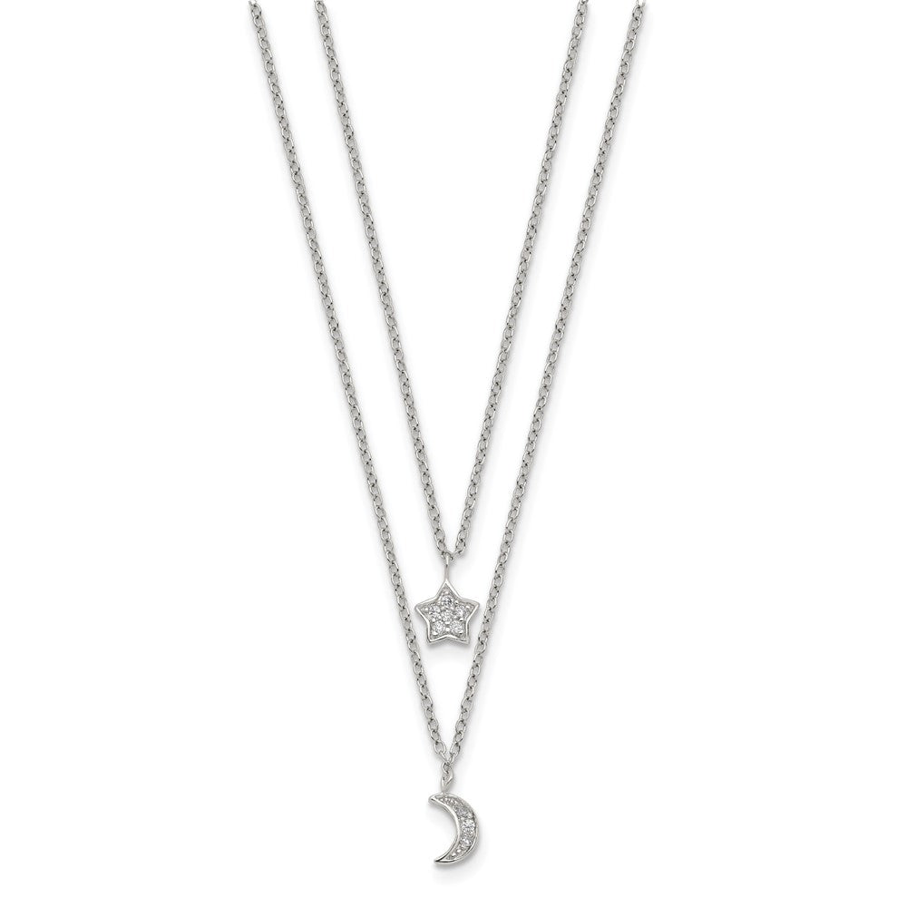 Sterling Silver Rh-Plate Cz Moon/Star 2-Strand W/1In Ext Necklace