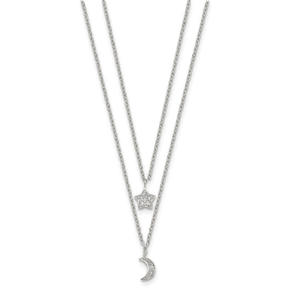 Sterling Silver Rh-Plate Cz Moon/Star 2-Strand W/1In Ext Necklace