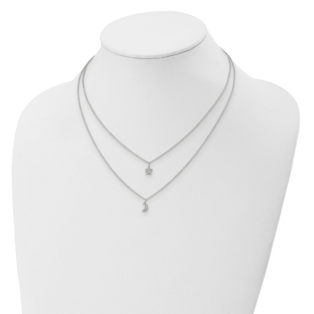 Sterling Silver Rh-Plate Cz Moon/Star 2-Strand W/1In Ext Necklace