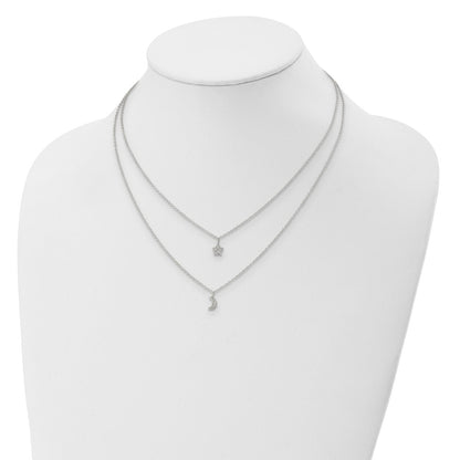 Sterling Silver Rh-Plate Cz Moon/Star 2-Strand W/1In Ext Necklace