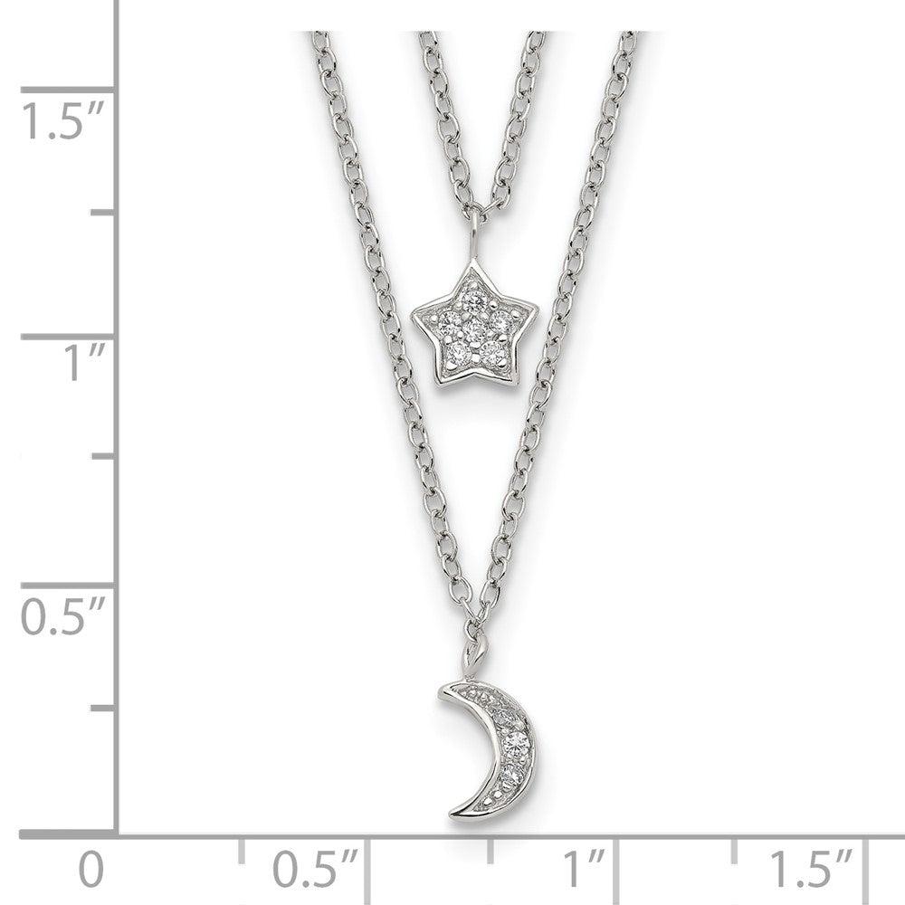Sterling Silver Rh-Plate Cz Moon/Star 2-Strand W/1In Ext Necklace