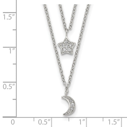 Sterling Silver Rh-Plate Cz Moon/Star 2-Strand W/1In Ext Necklace
