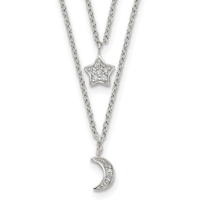 Sterling Silver Rh-Plate Cz Moon/Star 2-Strand W/1In Ext Necklace