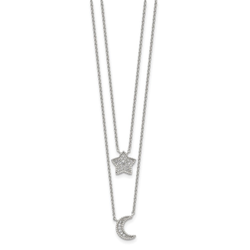 Sterling Silver Rh-Plated Polished Cz Moon And Star Double Strand Necklace
