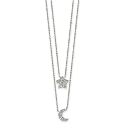 Sterling Silver Rh-Plated Polished Cz Moon And Star Double Strand Necklace