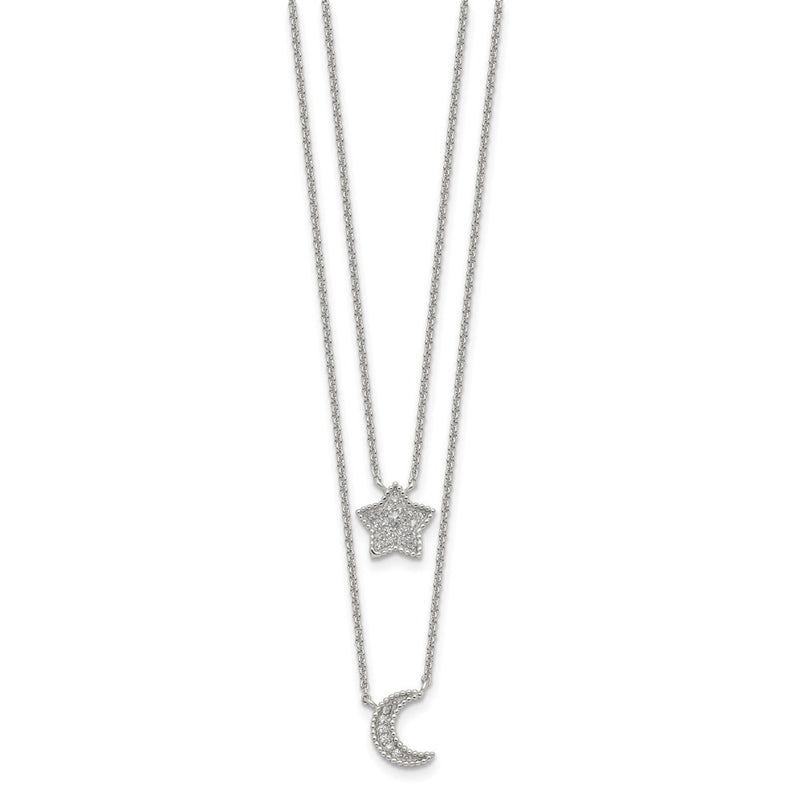 Sterling Silver Rh-Plated Polished Cz Moon And Star Double Strand Necklace