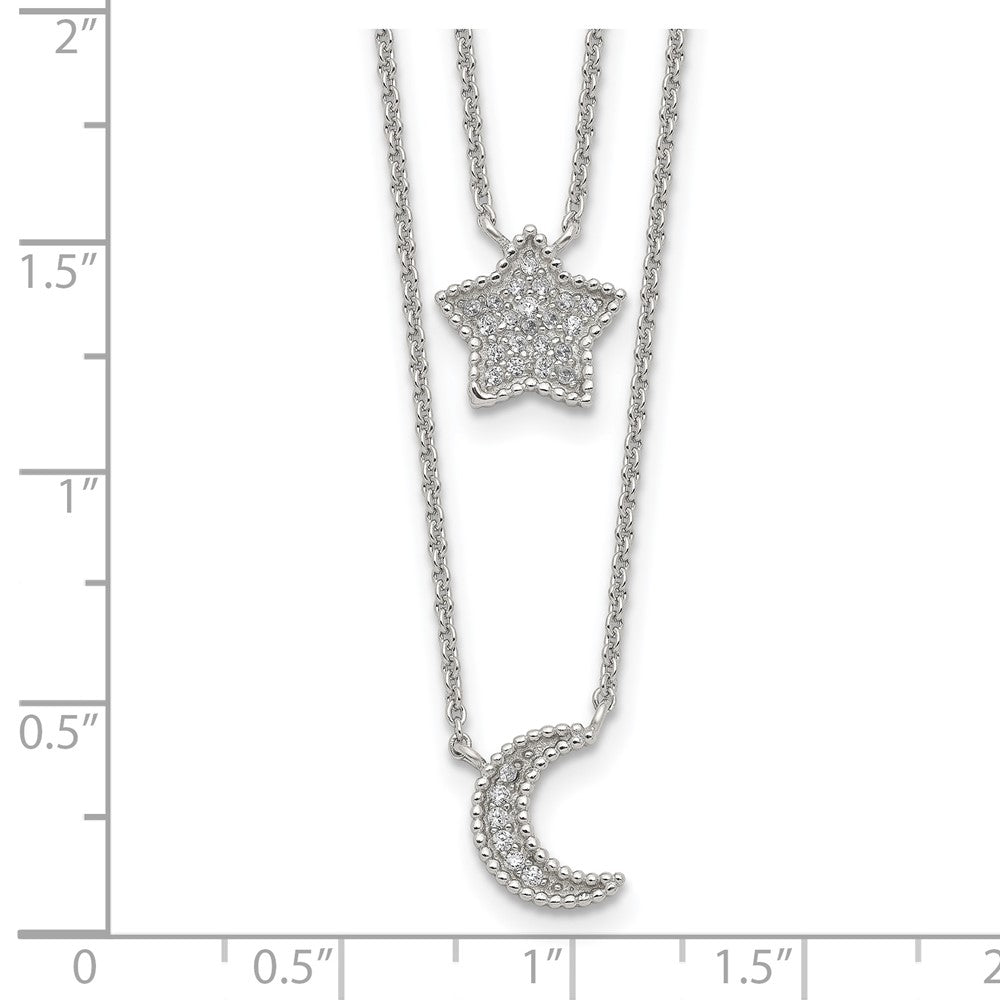 Sterling Silver Rh-Plated Polished Cz Moon And Star Double Strand Necklace