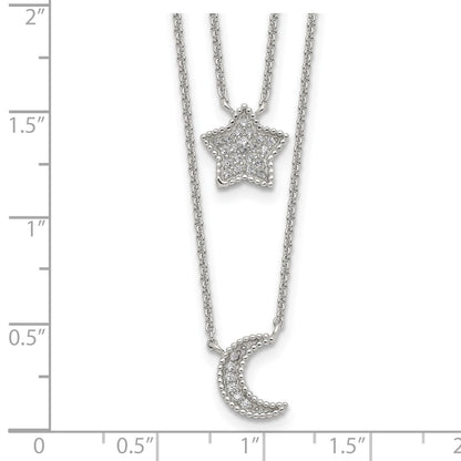 Sterling Silver Rh-Plated Polished Cz Moon And Star Double Strand Necklace