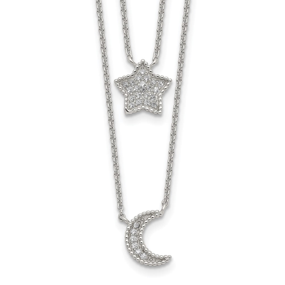 Sterling Silver Rh-Plated Polished Cz Moon And Star Double Strand Necklace