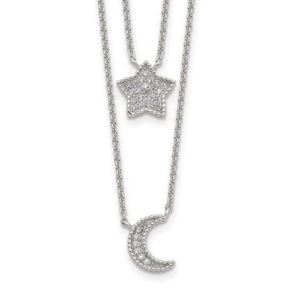 Sterling Silver Rh-Plated Polished Cz Moon And Star Double Strand Necklace