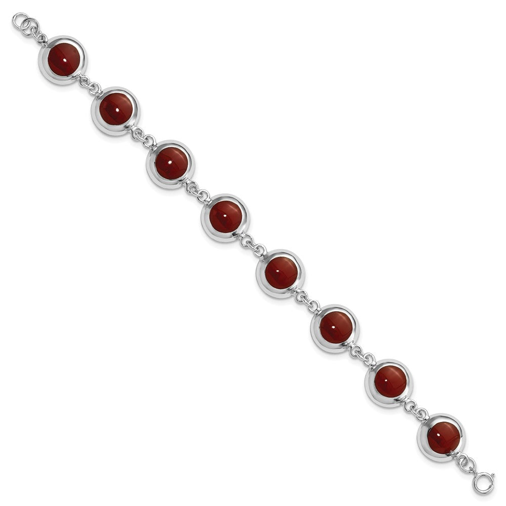 7 Inch Sterling Silver Polished Round Red Synthetic Coral Bracelet
