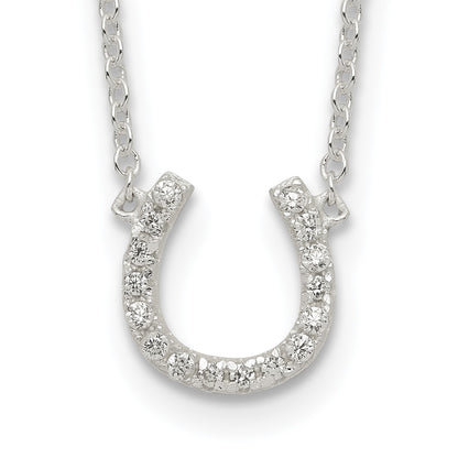 Sterling Silver Polished Cz Horseshoe W/ 1 Inch Ext Necklace