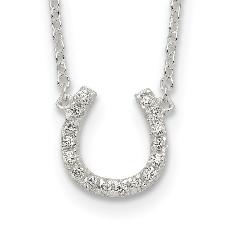 Sterling Silver Polished Cz Horseshoe W/ 1 Inch Ext Necklace