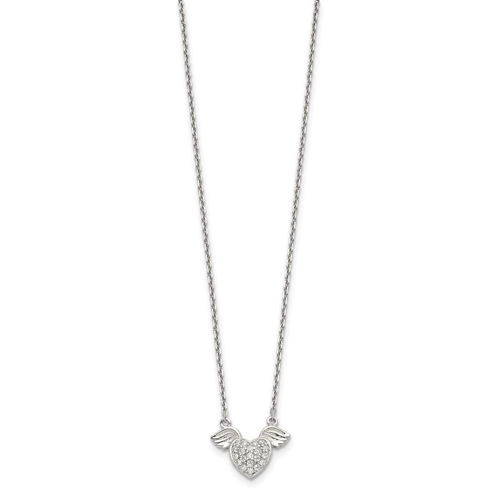 Sterling Silver Rhodium-Plated Polished Cz Heart W/Wings 16 Inch Necklace