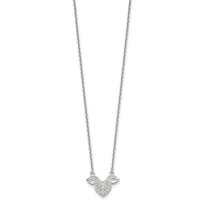 Sterling Silver Rhodium-Plated Polished Cz Heart W/Wings 16 Inch Necklace